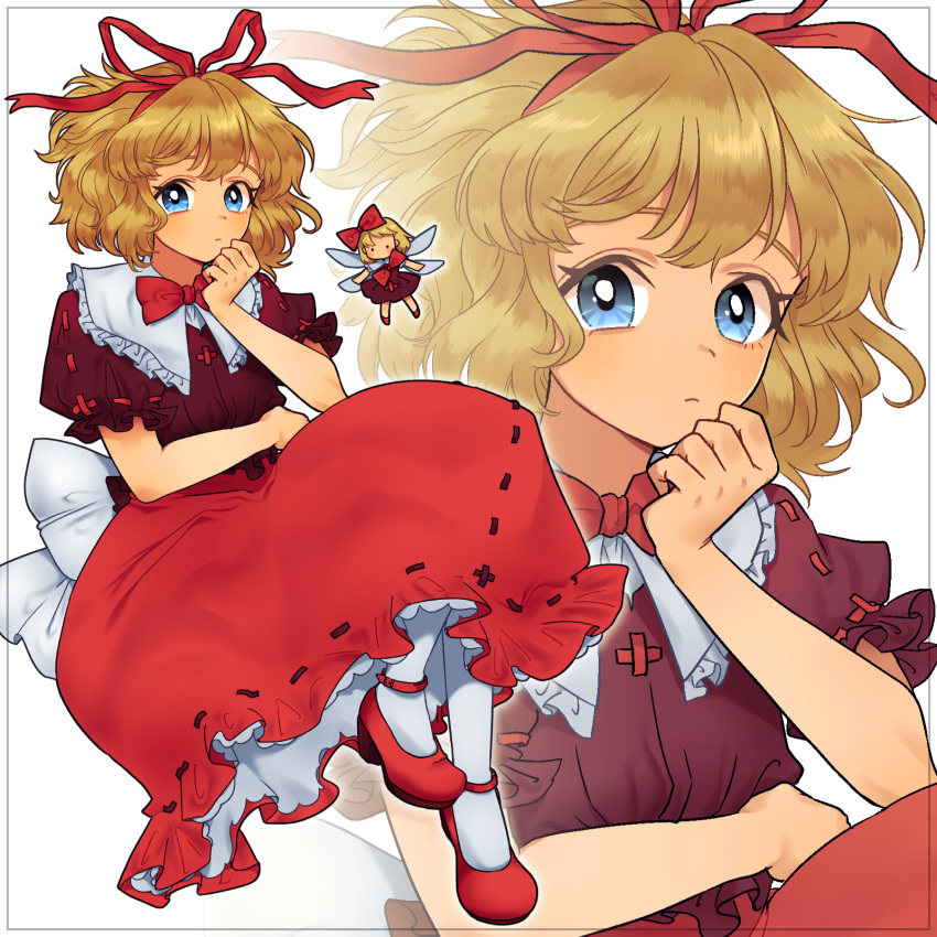 ._. 2girls arm_across_waist blonde_hair blue_eyes border bow bowtie collar commentary curled_fingers english_commentary expressionless fairy_wings floating frilled_shirt_collar frills grey_border hair_bow hair_ribbon hand_on_own_face highres knees_up looking_at_viewer medicine_melancholy mito_(mo96g) multiple_girls pantyhose petticoat puffy_short_sleeves puffy_sleeves red_footwear red_neckwear red_shirt red_skirt ribbon shirt short_hair short_sleeves sitting skirt su-san thick_eyebrows touhou white_collar white_legwear wings zoom_layer