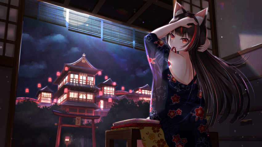 1girl adjusting_hair animal_ears architecture bare_back black_hair commentary_request east_asian_architecture eyebrows_visible_through_hair floral_print from_behind japanese_clothes kimono long_hair looking_at_viewer moon moonlight multicolored_hair nc731 night original pagoda partially_undressed red_eyes redhead scenery sitting sliding_doors solo torii very_long_hair