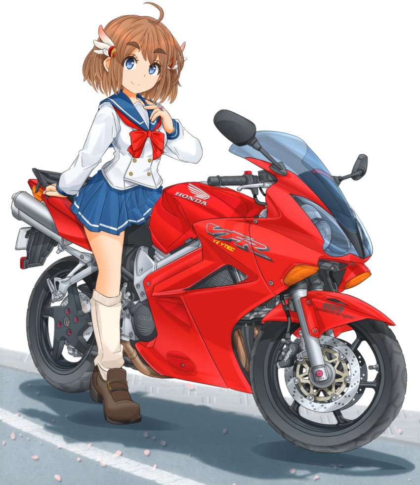 1girl ahoge bakuon!! bangs blouse blue_eyes blue_skirt bow bowtie brown_footwear brown_hair closed_mouth commentary_request eyebrows_visible_through_hair ground_vehicle hair_ornament hand_on_own_chest highres honda honda_vfr jewelry loafers logo long_sleeves looking_at_viewer loose_socks mikeran_(mikelan) miniskirt motor_vehicle motorcycle partial_commentary pleated_skirt red_neckwear ring road sakura_hane school_uniform serafuku shadow shoes short_hair single_horizontal_stripe skirt smile solo standing white_background white_blouse white_legwear wing_hair_ornament