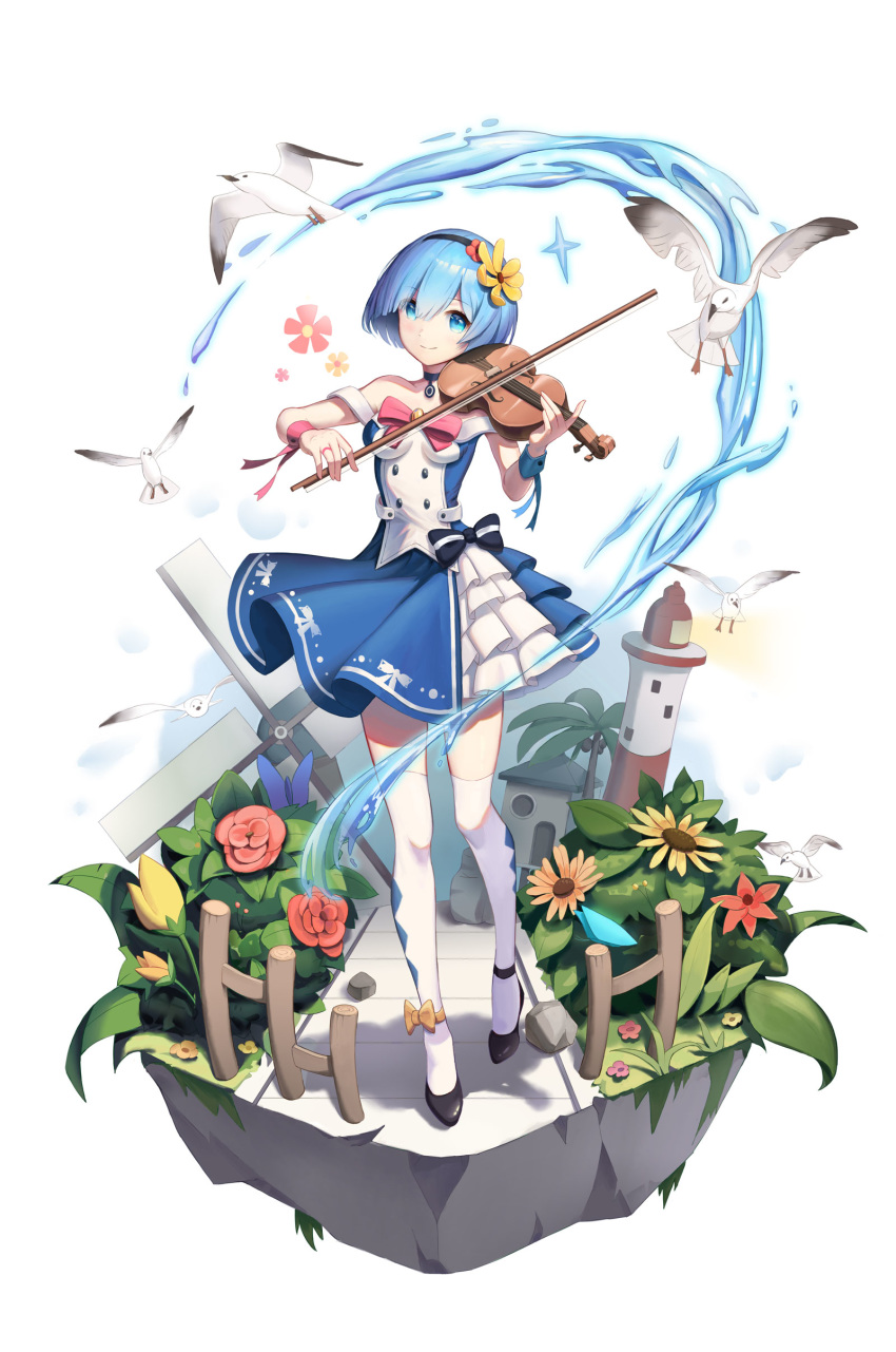 1girl absurdres alternate_costume bare_shoulders bird black_footwear black_hairband blue_dress blue_eyes blue_hair breasts commentary_request dress eyebrows_visible_through_hair flower hair_between_eyes hair_ornament hairband highres holding holding_instrument instrument lighthouse looking_at_viewer music playing_instrument re:zero_kara_hajimeru_isekai_seikatsu red_flower rem_(re:zero) seagull shoes short_hair simple_background small_breasts smile snowy1moon thigh-highs water white_background white_dress white_legwear windmill yellow_flower