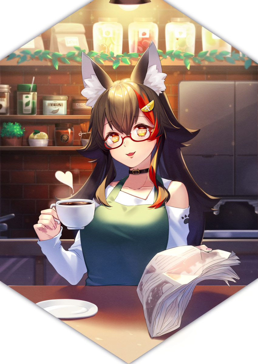 1girl absurdres animal_ear_fluff animal_ears black_hair casual choker coffee_cup commentary_request cup disposable_cup highres hololive indoors long_hair long_sleeves looking_at_viewer multicolored_hair namazu_(dc_27546) newspaper ookami_mio open_mouth orange_eyes paw_print red-framed_eyewear redhead semi-rimless_eyewear solo streaked_hair tea under-rim_eyewear virtual_youtuber wolf_ears