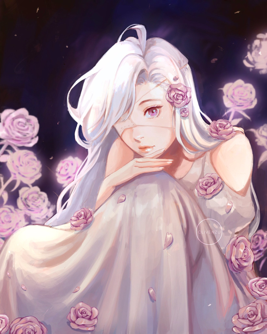 1girl bare_shoulders clivenzu closed_mouth commentary dress english_commentary eyepatch fingernails flower highres long_hair looking_at_viewer medical_eyepatch original purple_flower purple_rose rose sitting smile solo violet_eyes white_dress white_hair white_nails