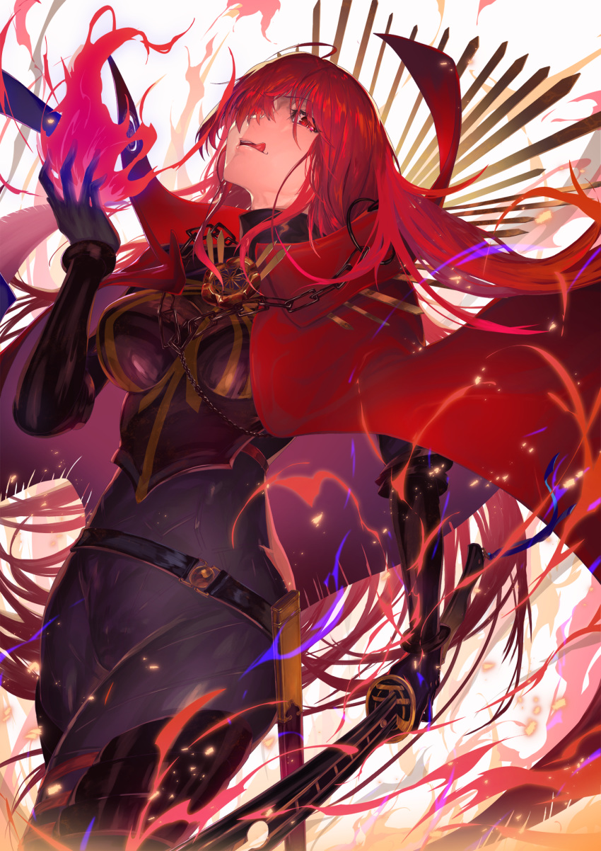 1girl armored_boots bangs belt black_bodysuit bodysuit boots bracer breasts cape chain collared_cape family_crest fate/grand_order fate_(series) fire hair_over_one_eye highres katana koha-ace large_breasts licking_lips long_hair looking_at_viewer nijimaarc oda_nobunaga_(fate)_(all) oda_nobunaga_(maou_avenger)_(fate) oda_uri open_mouth popped_collar red_cape red_eyes redhead sheath smile solo sword thighs tongue tongue_out weapon