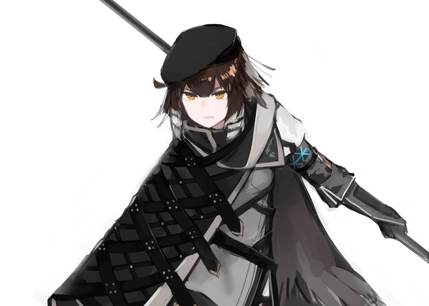 1girl arknights bangs beret black_cloak black_clothes black_gloves black_headwear brown_eyes brown_hair cloak gloves hair_between_eyes hat headwear holding holding_lance holding_weapon lance long_sleeves looking_at_viewer open_mouth plume_(arknights) polearm rampart1028 short_hair simple_background solo teeth upper_body weapon white_background