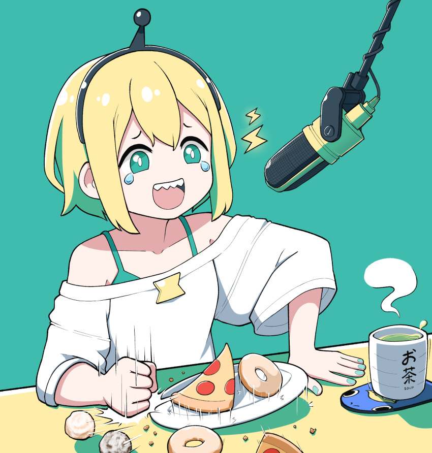 1girl :d amano_pikamee black_hairband blonde_hair bra bra_strap bright_pupils doughnut fingernails food green_background green_bra green_eyes green_hair green_nails gyari_(bird) hairband happy_tears highres jacy laughing long_sleeves microphone multicolored_hair nail_polish open_mouth pizza plate punching sharp_teeth short_hair simple_background smile solo steam sweater tears teeth two-tone_hair underwear voms white_sweater wide_sleeves