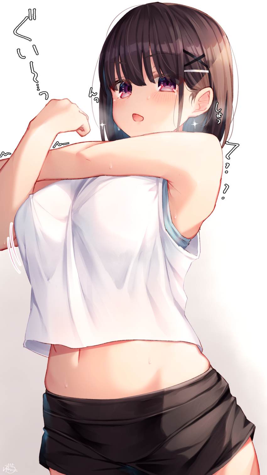 1girl armpits bare_arms bare_shoulders black_hair black_shorts bra bra_peek breasts breath childhood_friend-chan_(ramchi) cowboy_shot crop_top crop_top_overhang hair_ornament highres large_breasts looking_at_viewer midriff motion_lines navel open_mouth original ramchi shirt short_hair short_shorts shorts sleeveless sleeveless_shirt solo sparkle stomach stretch underwear violet_eyes white_shirt x_hair_ornament