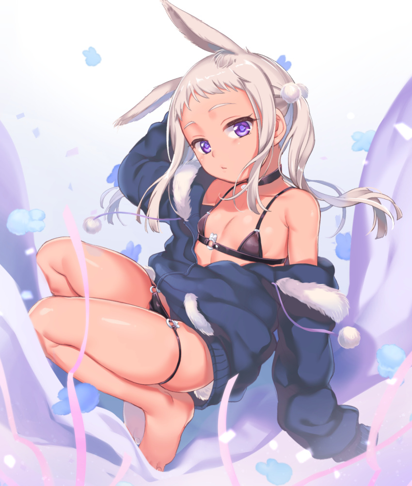 1girl animal_ear_fluff animal_ears barefoot bikini bikini_pull black_bikini blue_jacket bunny_girl bunny_tail closed_mouth commentary_request forehead fur-trimmed_hood fur_trim grey_hair highres hood jacket long_hair long_sleeves looking_at_viewer maki_(natoriumu) o-ring o-ring_bikini o-ring_bottom o-ring_top off_shoulder open_clothes open_jacket original rabbit_ears sleeves_past_fingers sleeves_past_wrists solo swimsuit tail twintails violet_eyes