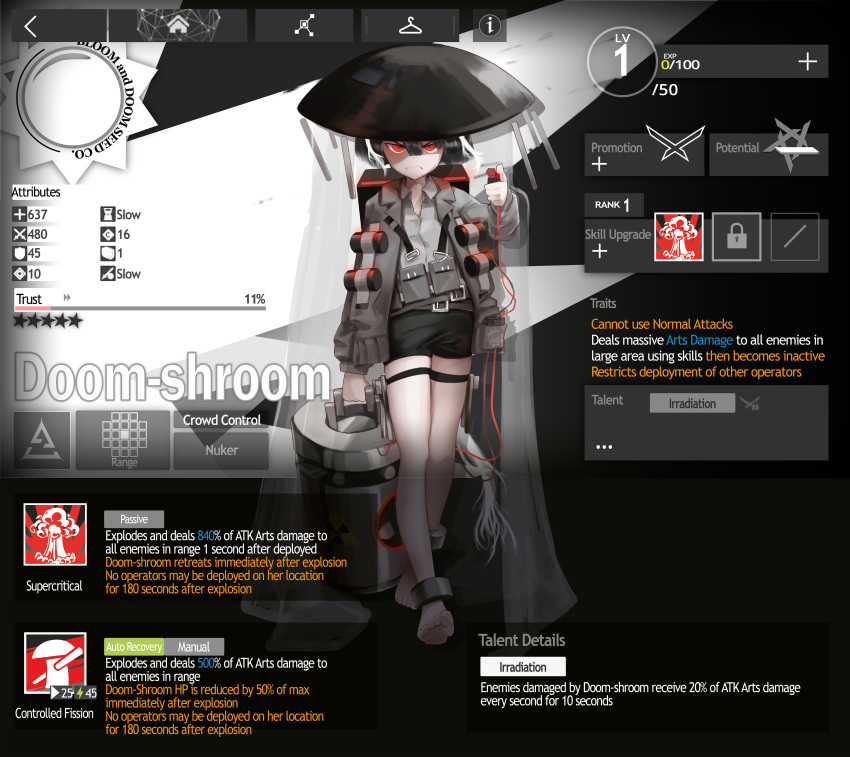 1girl absurdres arknights backpack bag barefoot belt black_hair black_shorts cuffs detonator doom-shroom dragging explosive fake_screenshot fungus gameplay_mechanics glowing glowing_eyes grenade grey_jacket grey_shirt headgear highres huge_filesize jacket multiple_belts mushroom mushroom_girl nuclear_weapon open_clothes open_jacket pale_skin personification plants_vs_zombies pompmaker1 pouch radiation_symbol red_eyes shackles shirt shorts solo thigh_strap veil wire