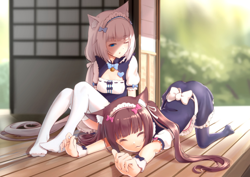 2girls :3 absurdres animal_ear_fluff animal_ears bangs black_legwear blue_eyes blush breasts brown_hair cat_ears cat_tail chocola_(nekopara) closed_eyes commentary_request eyebrows_visible_through_hair hair_ribbon highres long_hair maid maid_dress maid_headdress multiple_girls nekopara no_shoes one_eye_closed oniku_(pixiv_28205308) open_mouth ribbon short_sleeves sitting slit_pupils small_breasts smile solo stretch tail thigh-highs top-down_bottom-up twintails vanilla_(nekopara) white_hair white_legwear