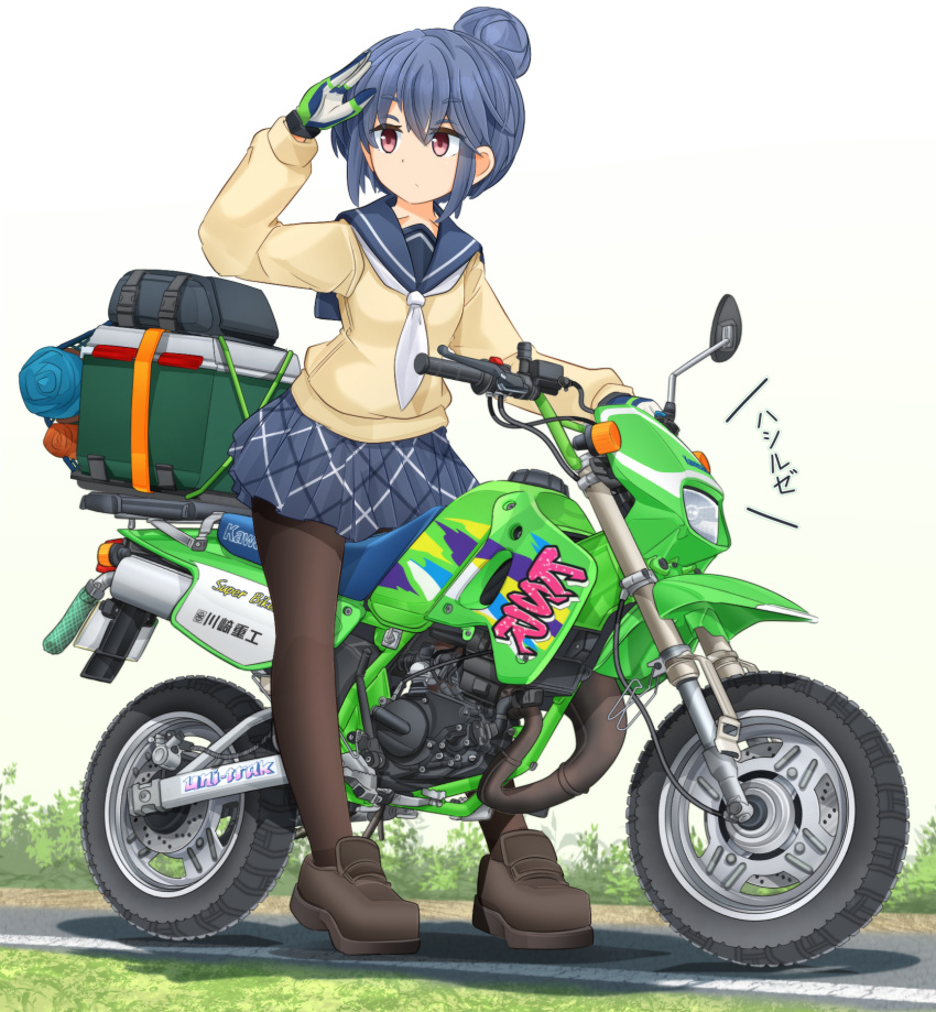 1girl bangs beige_blouse black_footwear black_legwear blue_hair blue_sky closed_mouth commentary_request eyebrows_visible_through_hair gloves grass ground_vehicle hair_bun highres ksr_moto loafers logo long_sleeves looking_to_the_side mikeran_(mikelan) miniskirt motor_vehicle motorcycle multicolored multicolored_clothes multicolored_gloves neckerchief pantyhose partial_commentary plaid plaid_skirt pleated_skirt road scarf shading_eyes shadow shima_rin shoes short_hair skirt sky solo standing violet_eyes white_background white_neckwear yurucamp