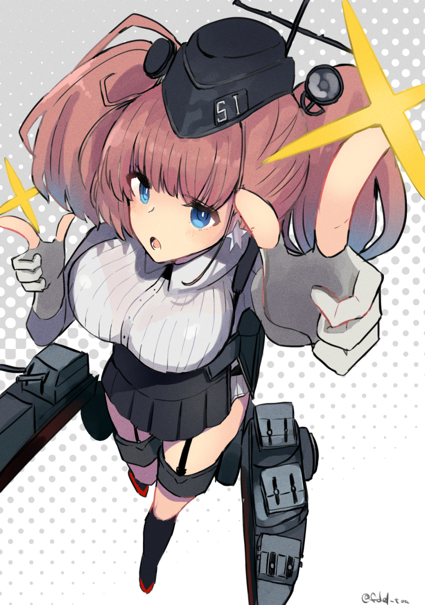 anchor_hair_ornament arm_up atlanta_(kantai_collection) black_footwear black_headwear black_skirt breasts brown_hair dress_shirt earrings edel_(edelcat) garrison_cap garter_straps gloves gradient gradient_background grey_eyes hair_ornament hat high-waist_skirt highres jewelry kantai_collection large_breasts long_hair long_sleeves partly_fingerless_gloves shirt skirt star star_earrings suspender_skirt suspenders thigh_strap thighs turret two_side_up white_shirt