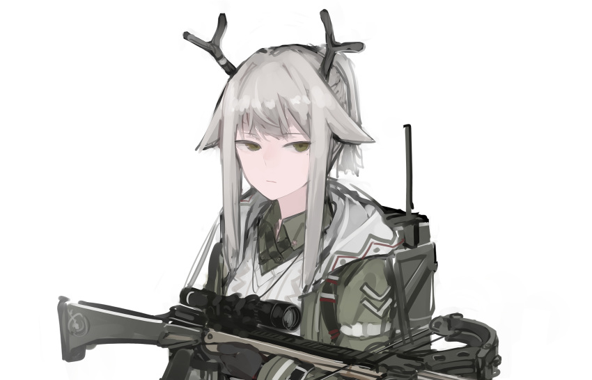 1girl antlers arknights bangs black_gloves bow_(weapon) closed_mouth collar collared_shirt crossbow dated_commentary eyebrows_visible_through_hair firewatch_(arknights) frown gloves green_eyes grey_hair highres holding holding_bow_(weapon) holding_weapon hood hood_down hoodie long_hair long_sleeves looking_at_viewer ponytail rampart1028 reindeer_antlers scope shirt sidelocks simple_background solo upper_body weapon white_background