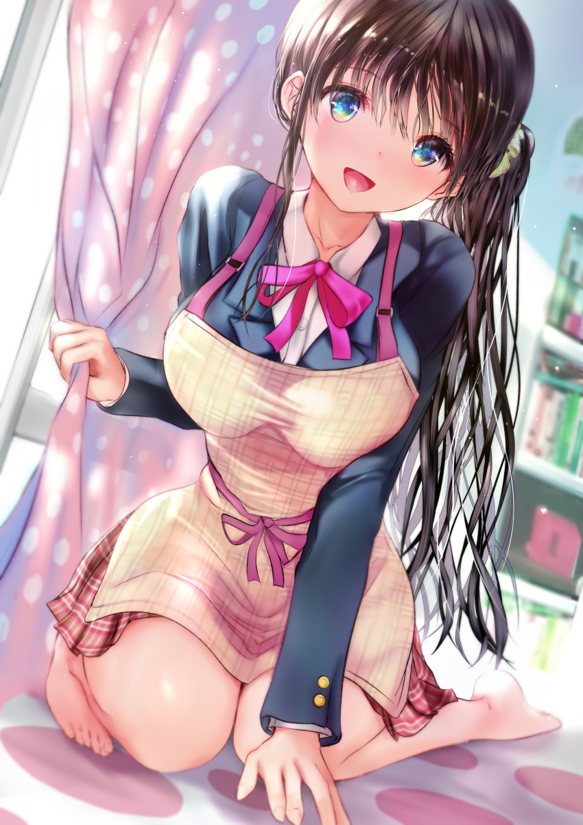 1girl :d absurdres apron barefoot black_hair blue_eyes blurry blurry_background brown_hair curtains hair_ornament hair_scrunchie highres indoors long_hair long_sleeves looking_at_viewer ogata_tei open_mouth original pink_ribbon ribbon scrunchie smile solo