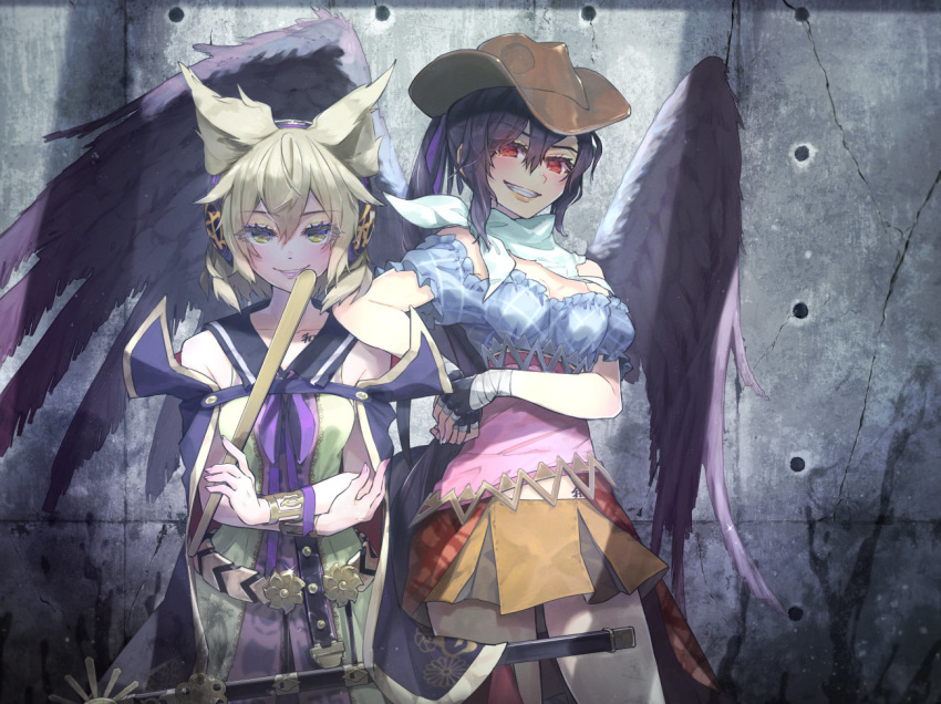 2girls bandages bandana bangs bare_shoulders black_gloves black_hair black_wings blonde_hair blue_shirt blush bracelet breasts brown_headwear brown_skirt cape chest_tattoo collarbone commentary_request cowboy_hat cowboy_shot earmuffs eyebrows_visible_through_hair feathered_wings fingerless_gloves gloves grin hair_between_eyes hat holding jewelry kurokoma_saki long_hair looking_at_viewer medium_breasts miniskirt multiple_girls neck_ribbon off-shoulder_shirt off_shoulder pointy_hair ponytail purple_cape purple_neckwear purple_ribbon red_eyes ribbon ritual_baton shirt short_hair short_sleeves sidelocks skirt sleeveless smile standing syuri22 tattoo thighs touhou toyosatomimi_no_miko wings yellow_eyes