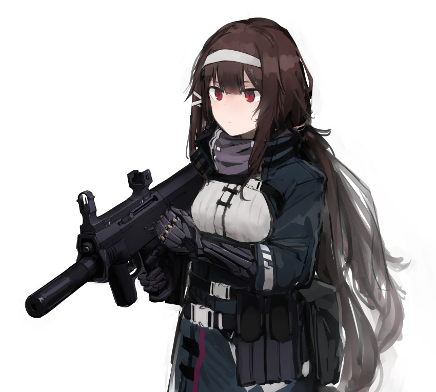 absurdres arm_up assault_rifle bangs belt belt_buckle breasts brown_hair buckle bullpup girls_frontline grey_hairband grey_scarf gun hair_ornament hairband highres holding holding_gun holding_weapon js_9_(girls_frontline) js_9_mm long_hair looking_to_the_side mechanical mechanical_arms rampart1028 red_eyes rifle scarf sidelocks simple_background suppressor trigger_discipline upper_body very_long_hair weapon white_background