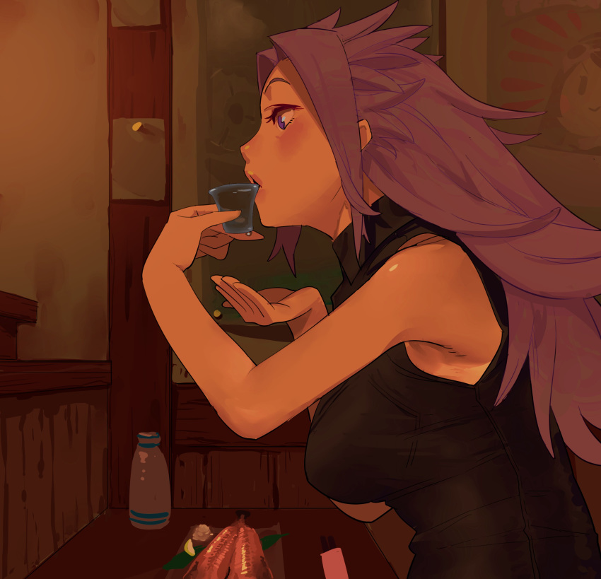 1girl absurdres aima_imoko0327 alcohol alternate_costume black_shirt breasts cup drinking_glass food highres holding holding_cup jun'you_(kantai_collection) kantai_collection long_hair open_mouth profile purple_hair shirt shot_glass sleeveless sleeveless_shirt solo spiky_hair violet_eyes