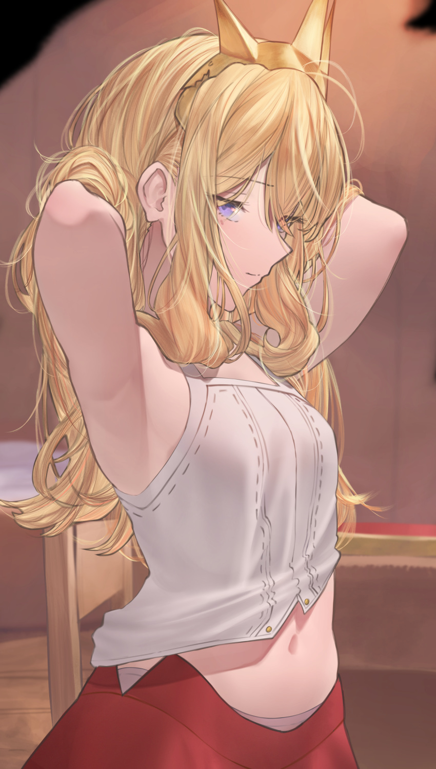 1girl absurdres armpits arms_behind_head arms_up bangs bare_shoulders betabeet blonde_hair blush breasts cagliostro_(granblue_fantasy) collarbone granblue_fantasy highres light_smile long_hair looking_at_viewer navel red_skirt skirt small_breasts solo tiara violet_eyes white_camisole