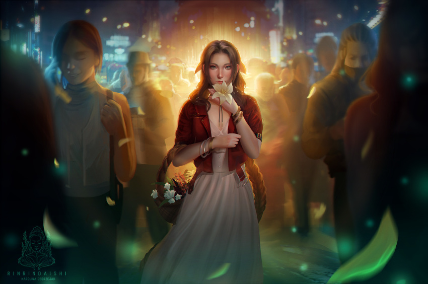 1girl aerith_gainsborough basket bolo_tie bow bracelet braid braided_ponytail brown_hair city crowd dress final_fantasy final_fantasy_vii final_fantasy_vii_remake flower flower_basket green_eyes hair_bow highres jacket jewelry looking_at_viewer petals pink_dress red_jacket rinrindaishi solo_focus standing