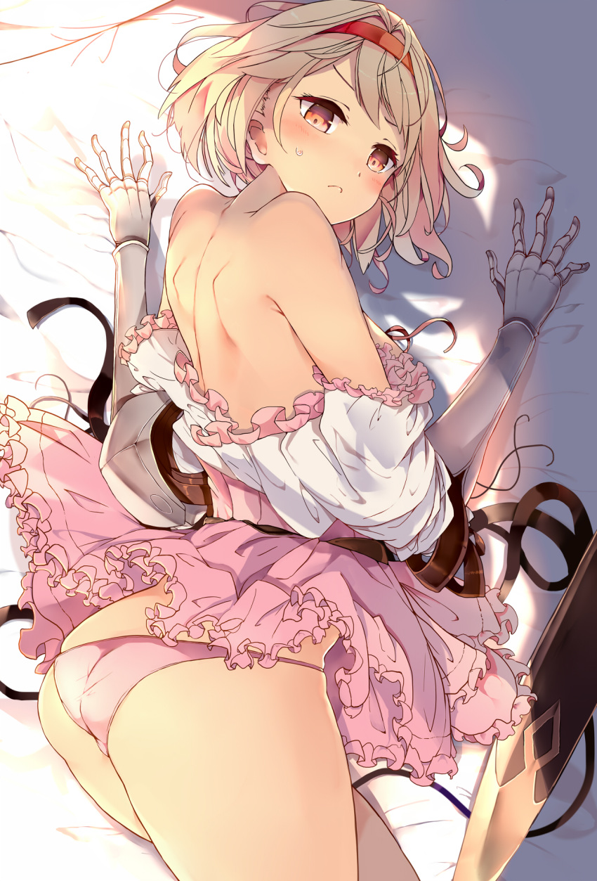1girl ass back bangs bare_shoulders blonde_hair blush breasts brown_eyes closed_mouth djeeta_(granblue_fantasy) dress fighter_(granblue_fantasy) gauntlets granblue_fantasy hairband highres large_breasts looking_at_viewer looking_back off_shoulder panties pink_dress pink_panties puffy_short_sleeves puffy_sleeves sheath short_hair short_sleeves shoulder_blades solo thighs underwear venomrobo