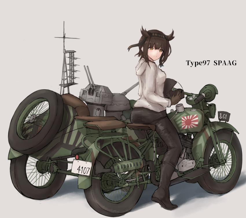 1girl 2others alternate_costume beige_background black_pants brown_hair chou-10cm-hou-chan_(hatsuzuki's) commentary_request flag full_body grey_jacket ground_vehicle hair_flaps hatsuzuki_(kantai_collection) headwear_removed helmet helmet_removed highres hood hooded_jacket hoodie jacket k_jie kantai_collection looking_at_viewer motor_vehicle motorcycle motorcycle_helmet multiple_others pants riding rising_sun short_hair sidecar simple_background sunburst type_97_te-ke vehicle_request yellow_eyes