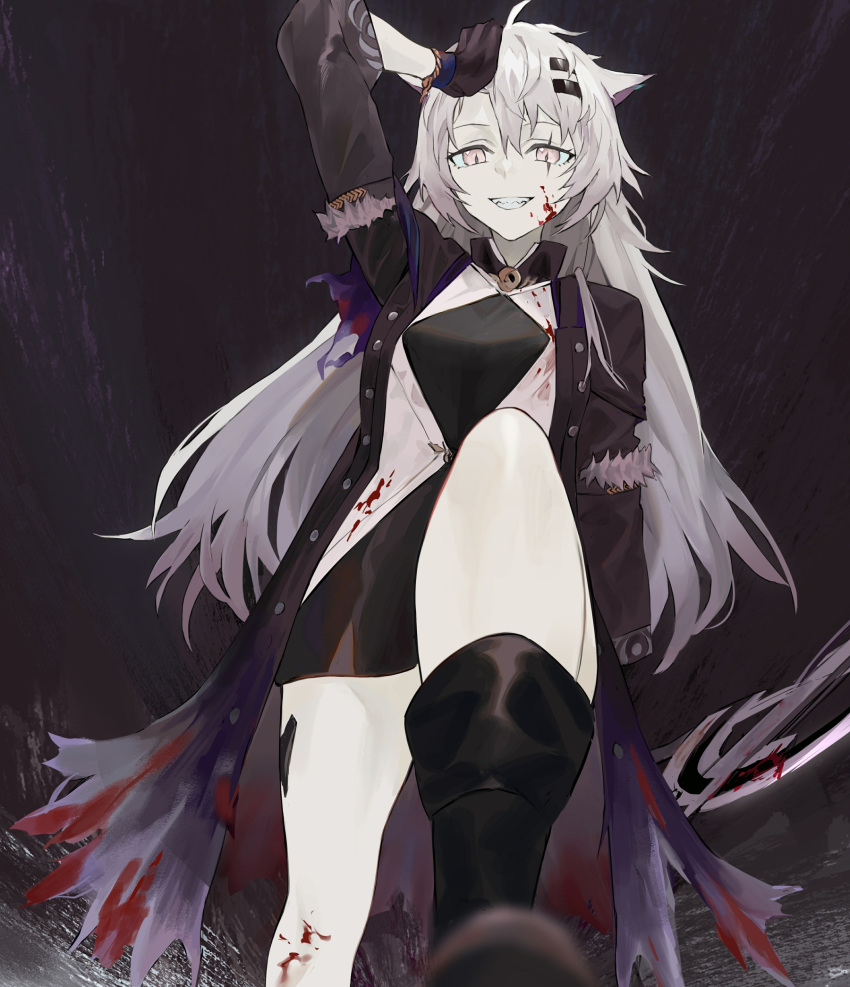 1girl alternate_costume animal_ears arknights bare_legs black_background black_coat black_dress black_footwear black_gloves blood blood_on_face bloody_clothes boots breasts coat commentary cowboy_shot dress fangs gloves grin hair_between_eyes hand_on_head highres koio lappland_(arknights) long_hair looking_at_viewer medium_breasts open_clothes open_coat ore_lesion_(arknights) pale_skin pink_eyes short_dress silver_hair simple_background smile solo sword thighs torn_coat weapon wolf_ears