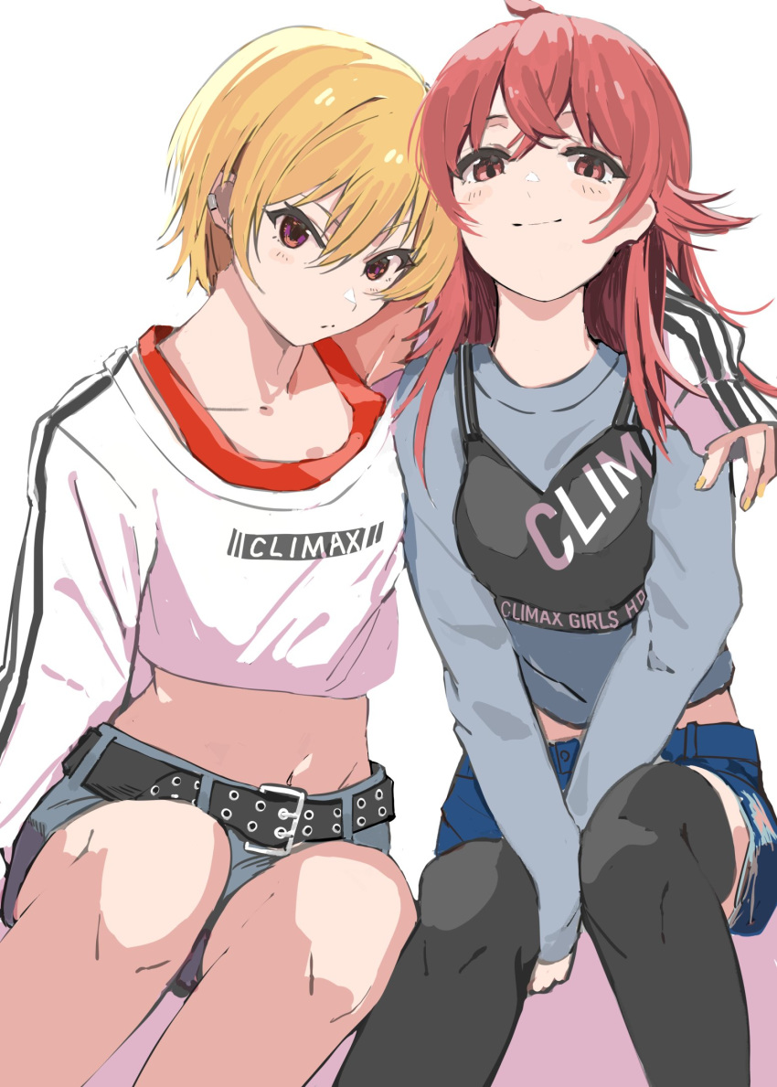 2girls ahoge asyde belt black_belt black_legwear blonde_hair blush closed_mouth crop_top earrings feet_out_of_frame group_name hand_on_another's_shoulder highres idolmaster idolmaster_shiny_colors jewelry komiya_kaho long_hair long_sleeves looking_at_viewer multiple_girls navel open_mouth pink_eyes redhead saijou_juri shirt short_hair simple_background sitting smile thigh-highs torn_clothes white_background white_shirt