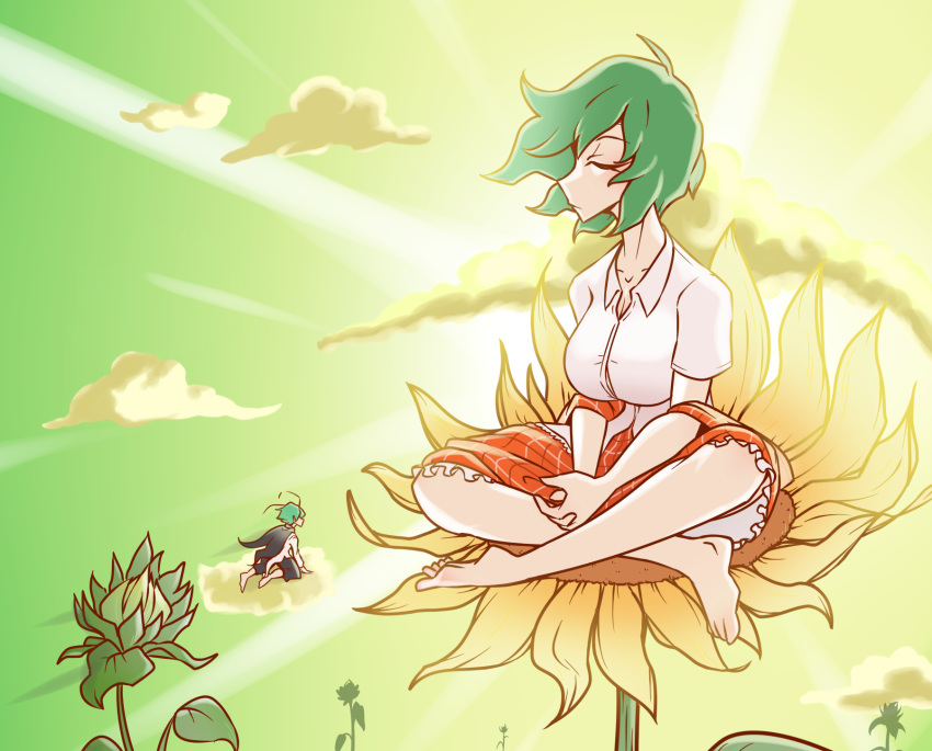 2girls antennae barefoot breasts cape cha_ji_qiye_sui_daiduo_diyu closed_eyes clouds crossed_legs feet flower green_hair highres kazami_yuuka large_breasts multiple_girls plaid plaid_skirt short_hair sitting skirt sky sunflower toes touhou wings wriggle_nightbug