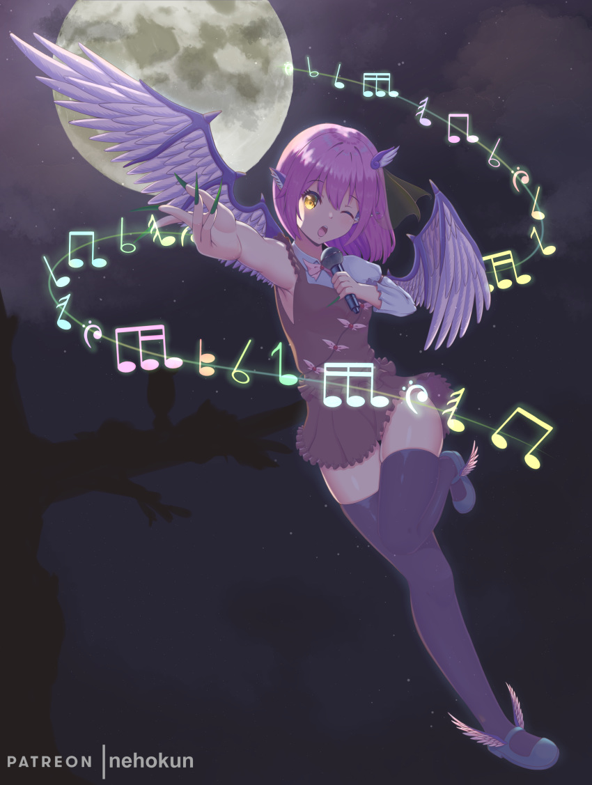 1girl absurdres animal_ears asymmetrical_sleeves boots brown_dress dress feathered_wings fingernails floating frills full_body glowing glowing_eye green_footwear highres holding holding_microphone long_sleeves looking_at_viewer microphone moon musical_note mystia_lorelei neho-kun night no_hat no_headwear one_eye_closed open_mouth outstretched_arm pink_hair sharp_fingernails shirt short_hair sky solo touhou tree_branch white_shirt winged_footwear wings yellow_eyes