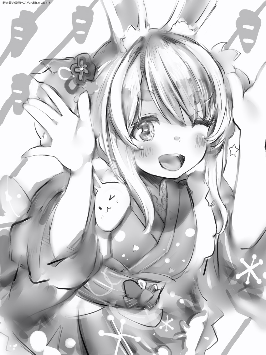 &gt;_o 1girl :d animal_ears greyscale hands_up highres hololive japanese_clothes kimono looking_at_viewer monochrome nanashi_(nlo74593630) obi one_eye_closed open_mouth rabbit_ears round_teeth sash short_hair smile solo symbol_in_eye teeth twintails upper_teeth usada_pekora virtual_youtuber