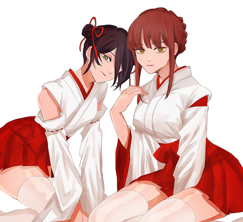 2girls 4chi black_hair breasts brown_eyes brown_hair chainsaw_man china_dress chinese_clothes dress eyebrows_visible_through_hair green_eyes hair_between_eyes hair_bun hair_ornament head_on_head head_tilt highres huge_breasts japanese_clothes large_breasts light_smile looking_at_viewer makima_(chainsaw_man) medium_breasts medium_hair miko multiple_girls one_eye_covered red_dress red_ribbon reze_(chainsaw_man) ribbon ringed_eyes short_hair simple_background small_breasts thigh-highs white_background white_dress white_legwear