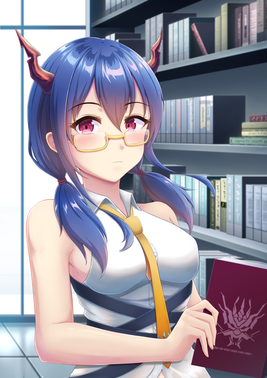 1girl absurdres arknights bangs bare_arms bare_shoulders bespectacled blue_hair blush book bookshelf breasts ch'en_(arknights) commentary dragon_horns eyebrows_visible_through_hair glasses great_lungmen_logo hair_between_eyes highres holding holding_book horns indoors long_hair looking_at_viewer low_twintails medium_breasts necktie nenechi red_eyes shirt sleeveless sleeveless_shirt solo twintails upper_body white_shirt wing_collar yellow-framed_eyewear yellow_neckwear