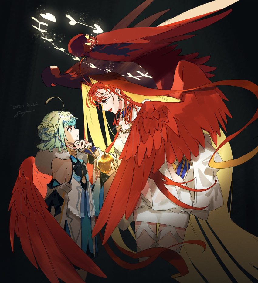 1boy 1girl ahoge aphrodite_(fate/grand_order) chin_grab dated detached_sleeves fate/grand_order fate_(series) golden_apple goya_(xalbino) green_hair halo highres nail_polish orange_hair paris_(fate/grand_order) signature wings