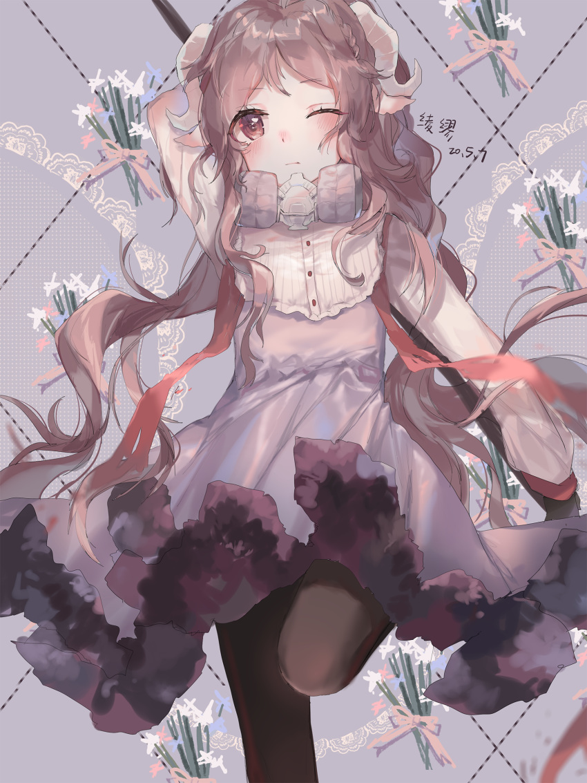 1girl animal_ears argyle argyle_background arknights arm_behind_head arm_up artist_name black_legwear bouquet commentary_request cropped_legs dated expressionless eyjafjalla_(arknights) flower folded_leg foot_out_of_frame frilled_skirt frills grey_background highres holding_polearm horns lavender_dress ling_mou long_hair long_sleeves looking_at_viewer mask_around_neck one_eye_closed pantyhose petticoat purple_hair respirator sheep_ears sheep_horns sketch skirt solo standing standing_on_one_leg symbol_commentary very_long_hair violet_eyes