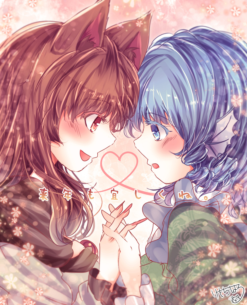 2girls :d :o animal_ears blue_eyes blue_hair brown_hair drill_locks fingernails from_side hand_grab head_fins heart highres imaizumi_kagerou kemo_chiharu long_fingernails long_hair looking_at_another multiple_girls open_mouth red_eyes red_nails short_hair signature smile touhou translation_request upper_body wakasagihime wolf_ears wolf_girl yuri
