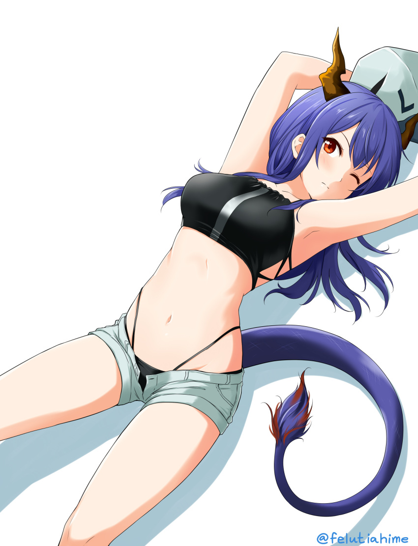 1girl absurdres arknights armpits arms_up artist_name bangs bare_shoulders black_panties blue_hair blush breasts ch'en_(arknights) collarbone commentary dragon_horns feet_out_of_frame felutiahime frown hair_between_eyes highres horns long_hair looking_at_viewer navel one_eye_closed open_clothes open_shorts panties red_eyes shirt short_shorts shorts simple_background sleeveless solo tail underwear white_background white_shirt