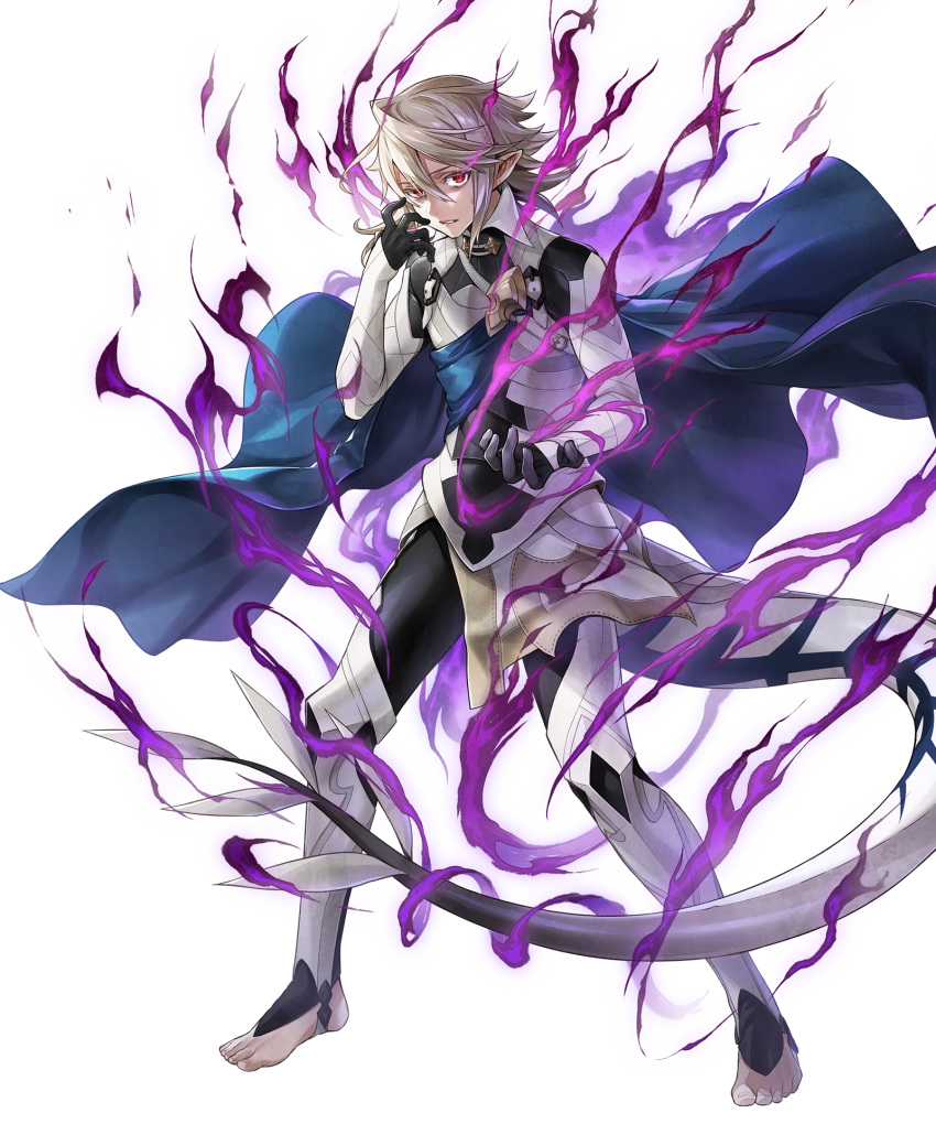 1boy alternate_costume argon_(exys) aura barefoot cape corrin_(fire_emblem) corrin_(fire_emblem)_(male) fire_emblem fire_emblem_fates fire_emblem_heroes full_body gloves glowing glowing_eyes highres official_art pointy_ears red_eyes solo teeth transparent_background white_hair