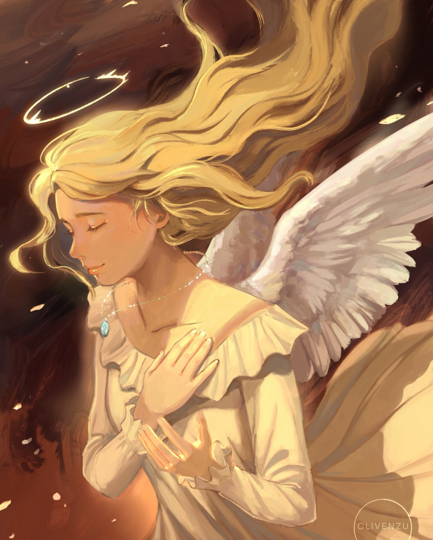 1girl angel angel_wings artist_name blonde_hair clivenzu closed_eyes closed_mouth commentary dress english_commentary feathered_wings fingernails floating_hair halo highres jewelry long_hair long_sleeves necklace original smile solo white_dress white_wings wings