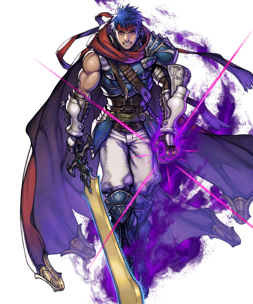 1boy alternate_costume armor armored_boots aura belt blue_hair boots cape fingerless_gloves fire_emblem fire_emblem:_radiant_dawn fire_emblem_heroes fujisaka_kimihiko full_body gloves headband highres ike_(fire_emblem) official_art ragnell red_eyes solo sword teeth transparent_background weapon