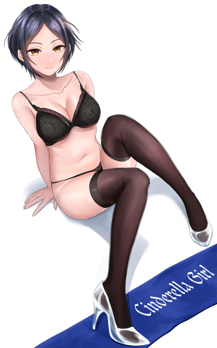 1girl black_bra black_legwear black_panties blue_eyes bra breasts collarbone english_text floral_print full_body glass_slipper hayami_kanade high_heels highres idolmaster idolmaster_cinderella_girls looking_at_viewer medium_breasts navel panties shogun_(a96040021) short_hair sideboob sidelocks simple_background sitting sitting_on_face sitting_on_person smile solo thigh-highs underwear white_background yellow_eyes