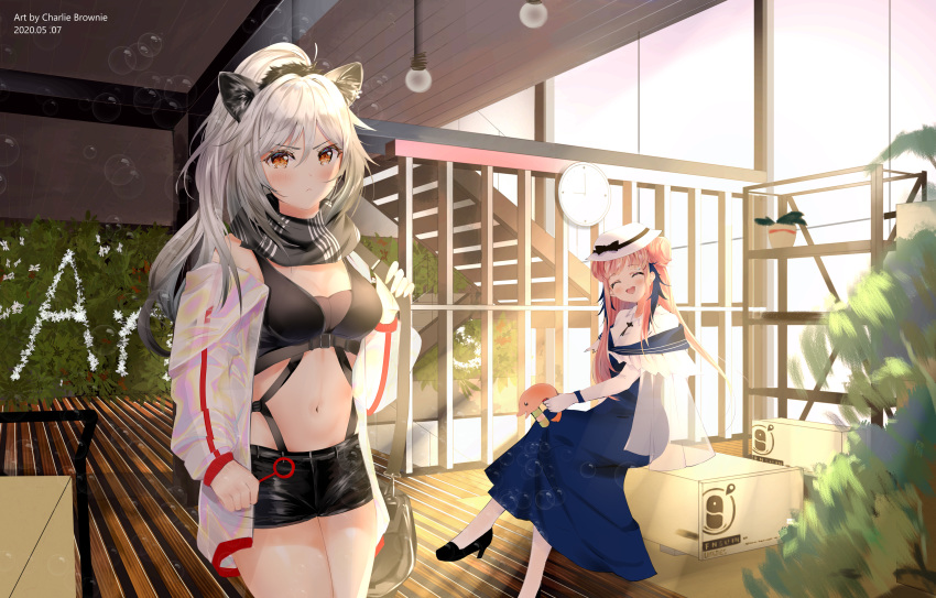 2girls :d ^_^ absurdres animal_ear_fluff animal_ears arknights bag bangs bare_shoulders black_footwear black_scarf black_shorts blue_dress box breasts brown_eyes cat_ears ceylon_(arknights) chinese_commentary clock closed_eyes commentary_request cowboy_shot crop_top dated double_bun dress hair_between_eyes head_tilt high_heels highres holding indoors jacket long_hair looking_at_viewer medium_breasts midriff multiple_girls navel off_shoulder open_mouth pantyhose penguin_logistics_logo pink_hair plant potted_plant scarf schwarz_(arknights) shirt short_shorts shorts silver_hair sitting smile standing stomach thighs v-shaped_eyebrows white_headwear white_jacket white_legwear white_shirt zhuangfei_chali_bulangni