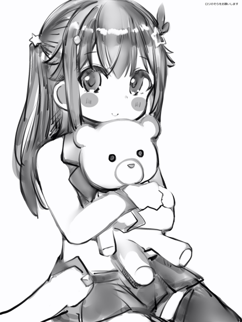 1girl blush_stickers copyright_request eyebrows_visible_through_hair greyscale hair_ornament highres holding holding_stuffed_animal long_hair looking_at_viewer monochrome nanashi_(nlo74593630) shorts simple_background sitting smile solo star star_hair_ornament stuffed_animal stuffed_toy teddy_bear thigh-highs white_background