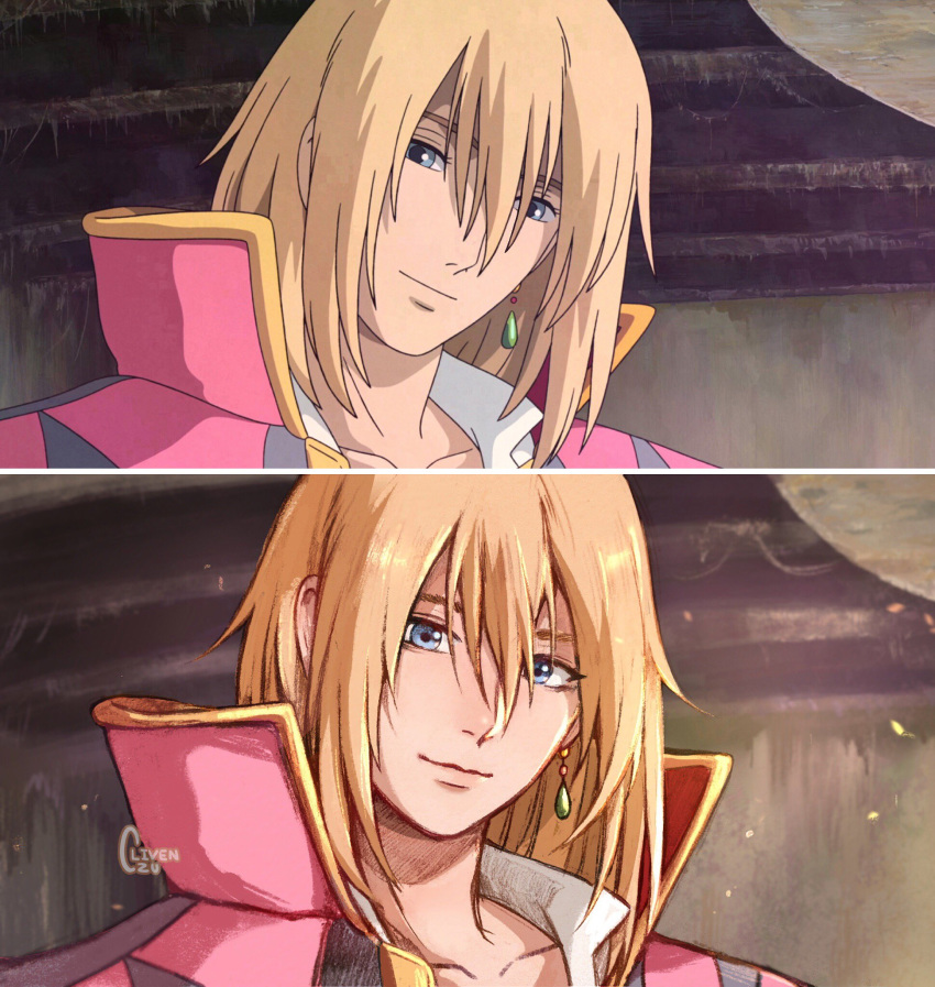 1boy artist_name blonde_hair blue_eyes cape clivenzu closed_mouth commentary derivative_work earrings english_commentary graphite_(medium) highres howl_(howl_no_ugoku_shiro) howl_no_ugoku_shiro jewelry looking_at_viewer mixed_media red_cape reference_work screencap smile solo traditional_media twitter_username
