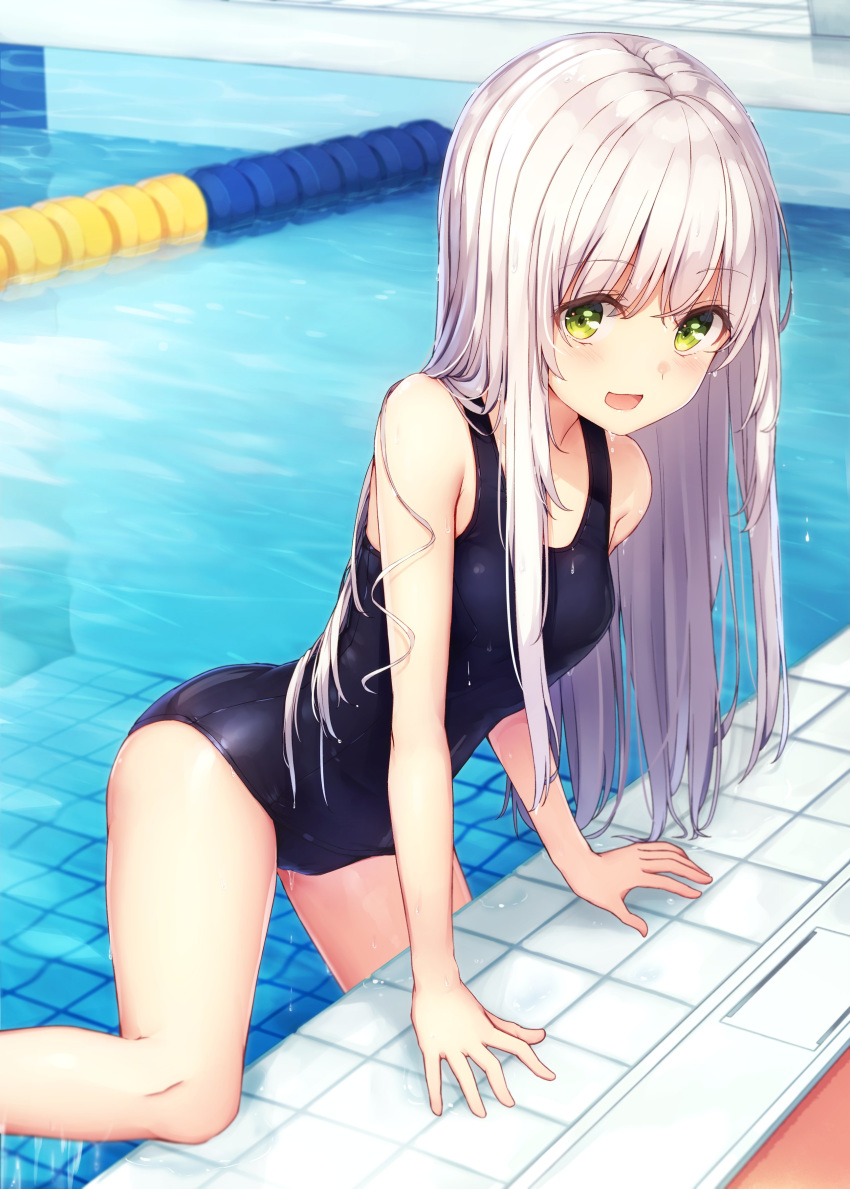 1girl :d absurdres arm_support bangs blue_swimsuit eyebrows_visible_through_hair green_eyes hair_between_eyes highres indoors long_hair looking_at_viewer open_mouth original pool school_swimsuit silver_hair smile solo straight_hair swimsuit tsuchikure very_long_hair wet