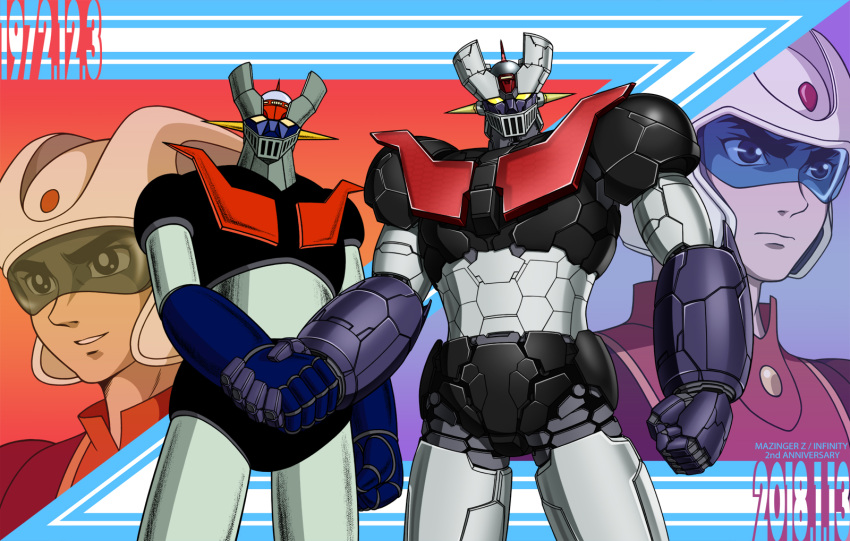1970s_(style) black_eyes clenched_hands handshake highres joints kabuto_kouji looking_at_viewer looking_to_the_side mazinger_z mazinger_z:_infinity mazinger_z_(mecha) mecha oldschool release_date robot_joints super_robot taaburu touei