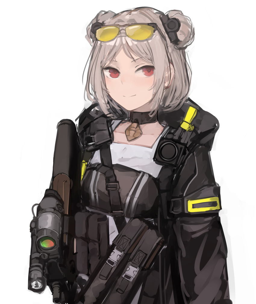 1girl bangs black_choker breasts bullpup choker closed_mouth collarbone double_bun eyewear_on_head girls_frontline gun hair_ornament highres holding holding_gun holding_weapon hood hood_down jacket long_sleeves looking_at_viewer p90 p90_(girls_frontline) rampart1028 red_eyes scope short_hair simple_background smile solo strap submachine_gun sunglasses tactical_clothes upper_body weapon