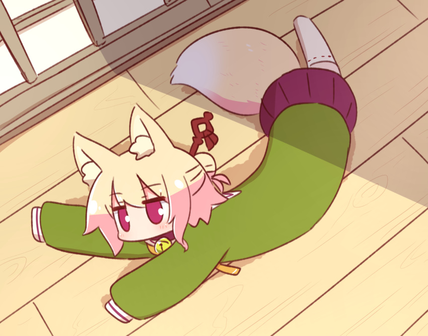 1girl animal_ear_fluff animal_ears bangs bell bell_collar blonde_hair blush brown_collar collar commentary_request eyebrows_visible_through_hair fox_ears fox_girl fox_tail from_above full_body green_shirt hair_between_eyes hair_bun hair_ornament jingle_bell kemomimi-chan_(naga_u) long_hair long_sleeves looking_away lying naga_u no_shoes on_side orange_neckwear original pleated_skirt purple_skirt red_eyes ribbon-trimmed_legwear ribbon_trim shade shirt skirt sleeves_past_fingers sleeves_past_wrists solo tail thigh-highs white_legwear