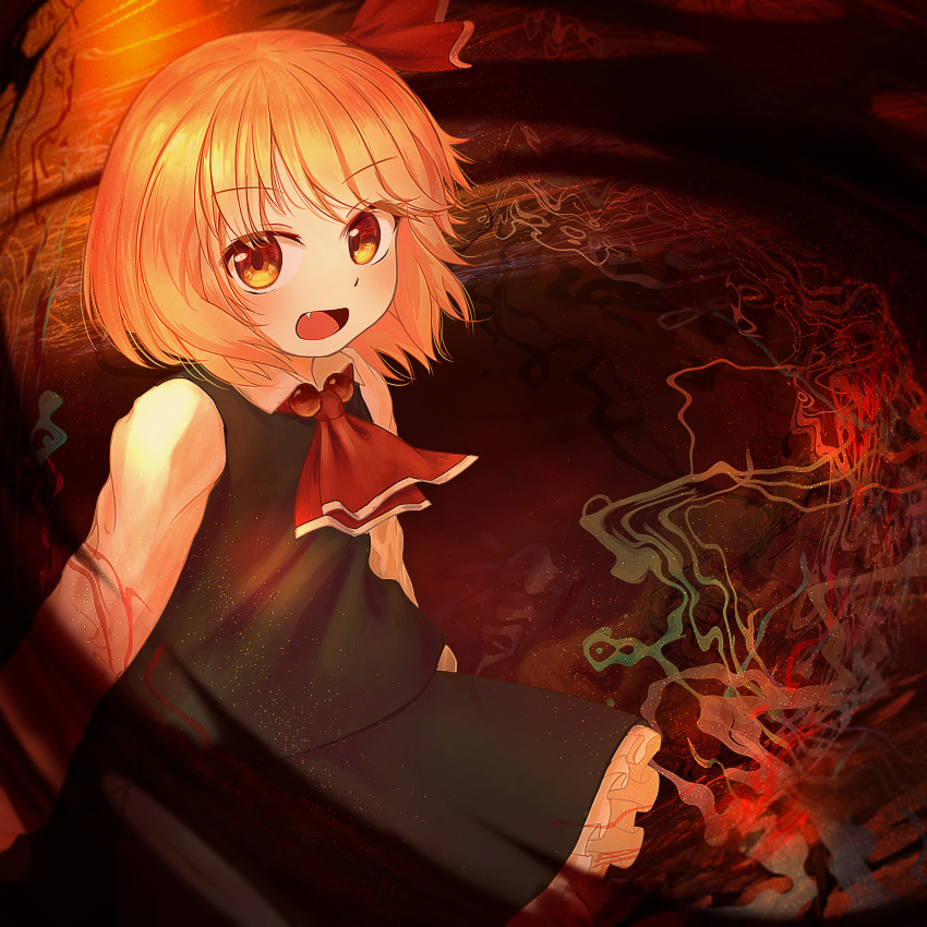 1girl abstract_background absurdres black_skirt black_vest blonde_hair commentary_request cravat darkness ekaapetto eyebrows_visible_through_hair fang hair_ribbon highres long_sleeves looking_at_viewer open_mouth partial_commentary petticoat red_neckwear ribbon rumia shirt short_hair sitting skirt smoke solo touhou vest white_shirt yellow_eyes