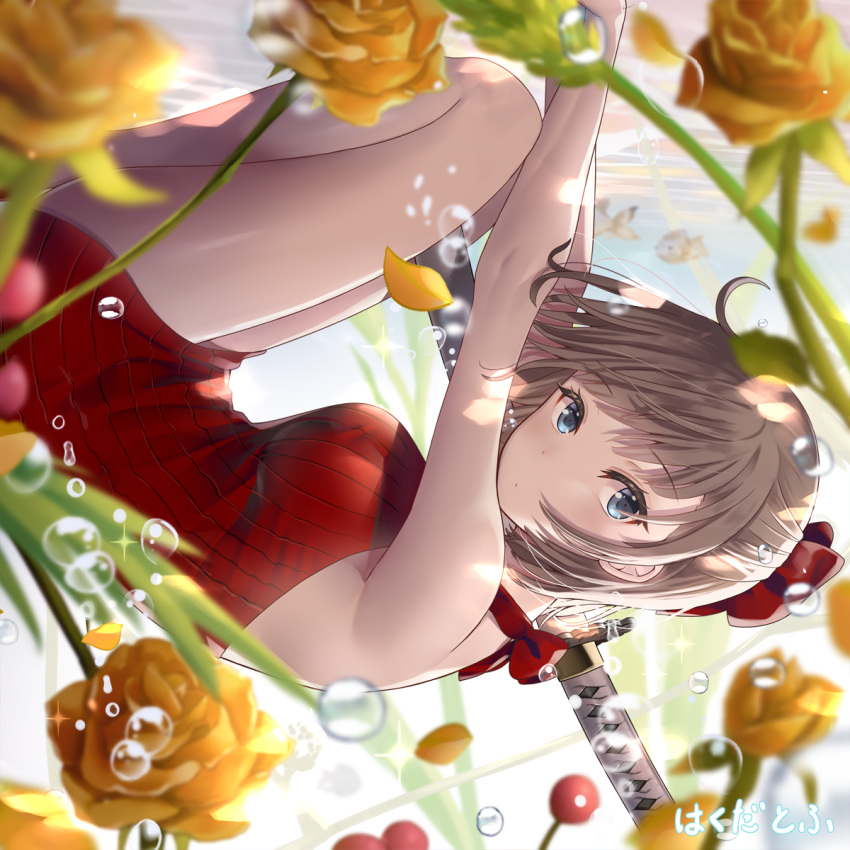 1girl air_bubble alternate_costume alternate_eye_color alternate_hair_color bare_arms bare_legs bare_shoulders blue_eyes blurry blurry_foreground blush bow breasts brown_hair bubble closed_mouth depth_of_field dress fate/grand_order fate_(series) feet_out_of_frame flower from_side hair_bow hakuda_tofu halter_dress highres katana looking_at_viewer looking_to_the_side medium_breasts okita_souji_(fate) okita_souji_(fate)_(all) petals red_bow red_dress rose rose_petals sheath sheathed short_hair sleeveless sleeveless_dress solo submerged sword underwater upside-down water weapon yellow_flower yellow_rose
