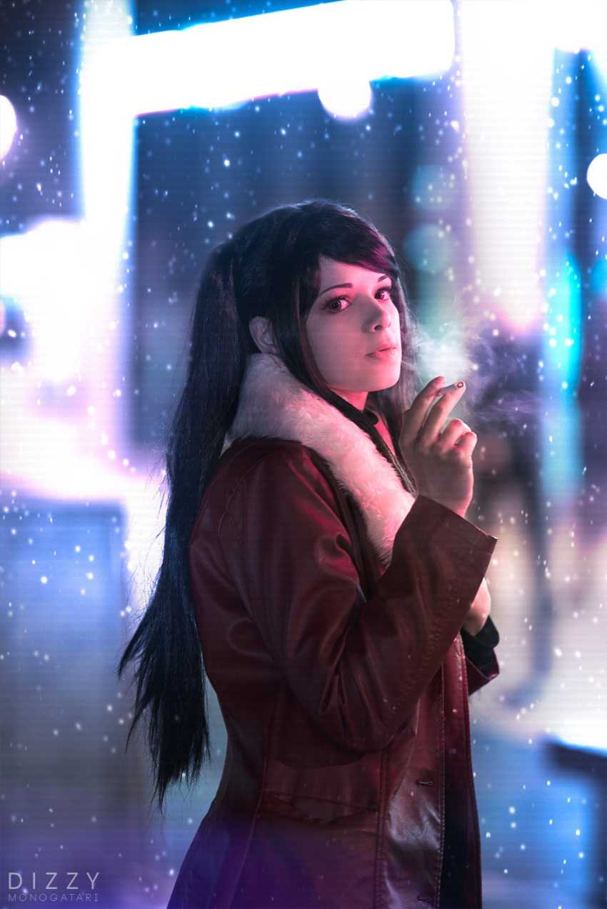 1girl black_hair blurry brown_eyes cigarette coat cosplay deerpressed depth_of_field from_side fur_trim highres jill_stingray light_particles long_hair looking_at_viewer photo sidelocks smoke smoking solo twintails va-11_hall-a