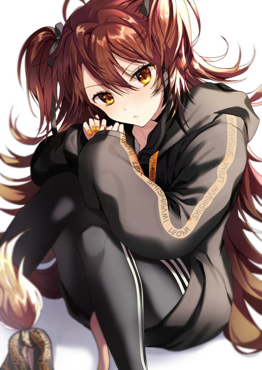 1girl ahoge bangs black_bow black_hoodie black_pants blurry blurry_background blurry_foreground bow brown_eyes brown_hair brown_nails character_name closed_mouth commentary_request dabi_(dabibubi) depth_of_field eyebrows_visible_through_hair hair_between_eyes hair_bow highres hood hood_down hoodie long_hair long_sleeves looking_at_viewer nail_polish pants puffy_long_sleeves puffy_sleeves re:act shishigami_leona sitting sleeves_past_wrists solo two_side_up very_long_hair virtual_youtuber white_background